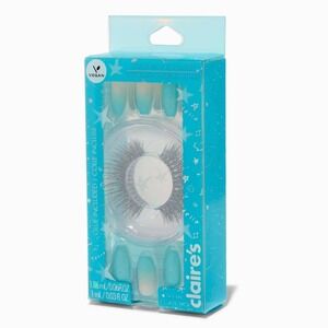 False Lashes‎ & Blue Ombré Coffin Vegan Faux Nail Gift Set - 24 Pack